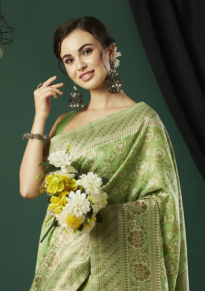 Green Zari Embroidered Linen Saree Set