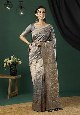 Grey Zari Embroidered Linen Saree Set