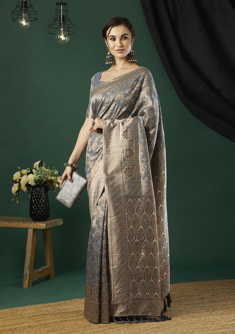 Grey Zari Embroidered Linen Saree Set