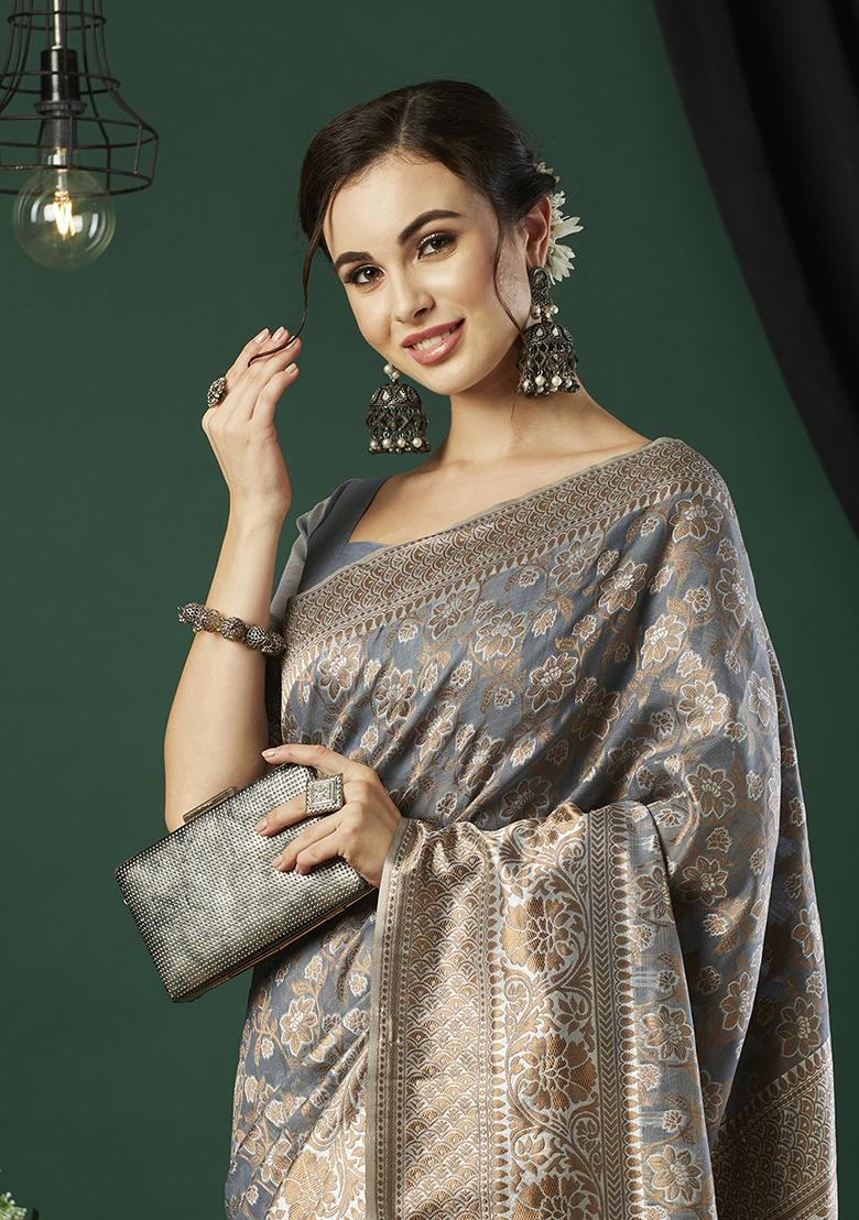 Grey Zari Embroidered Linen Saree Set