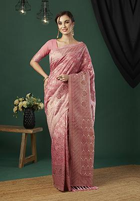 Pink Zari Embroidered Linen Saree Set
