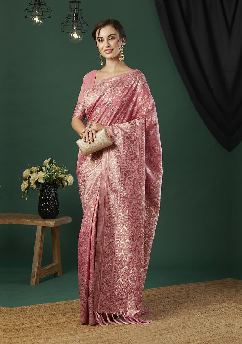 Pink Zari Embroidered Linen Saree Set