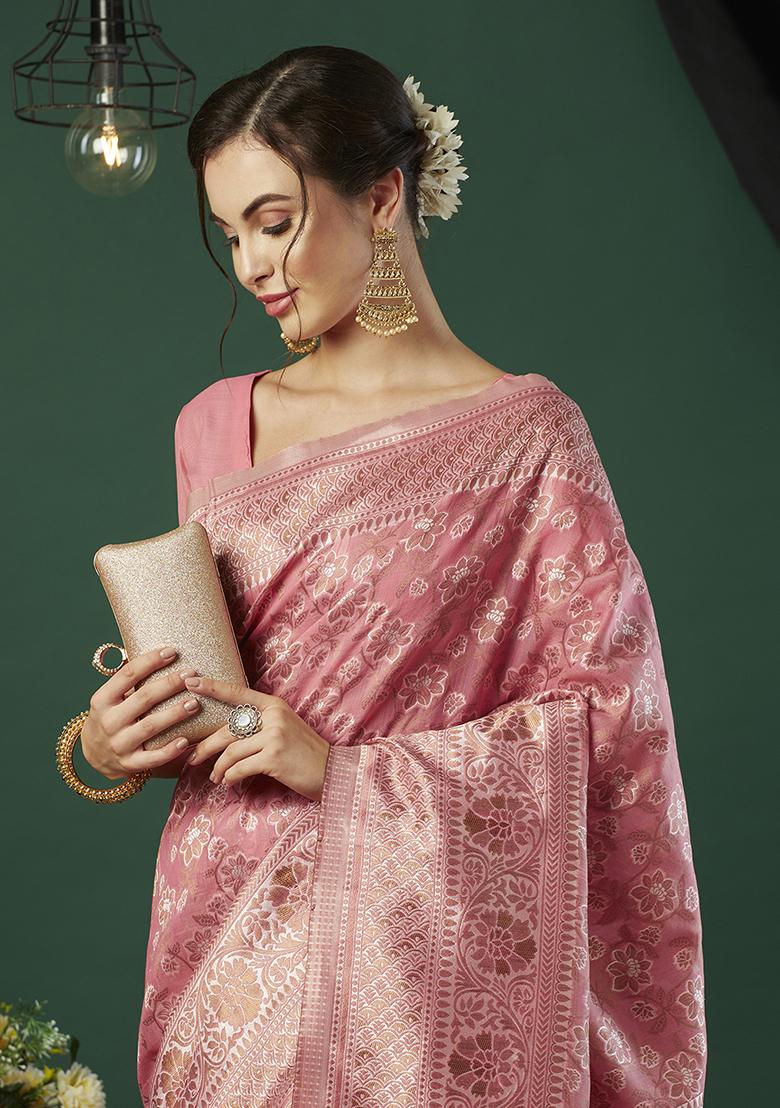 Pink Zari Embroidered Linen Saree Set