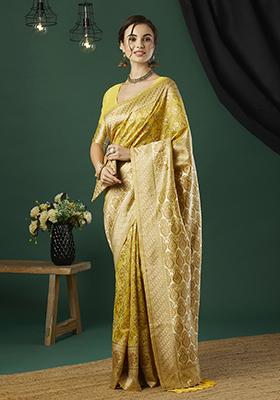 Yellow Zari Embroidered Linen Saree Set