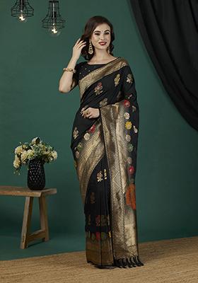 Black Floral Print Blended Silk Saree Set