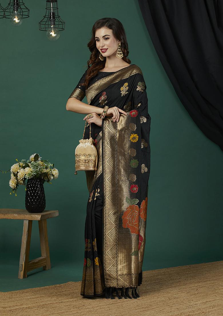 Black Floral Print Blended Silk Saree Set