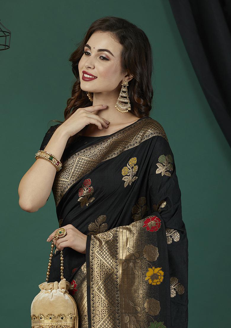 Black Floral Print Blended Silk Saree Set