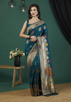 Petroleum Blue  Floral Print Blended Silk Saree Set