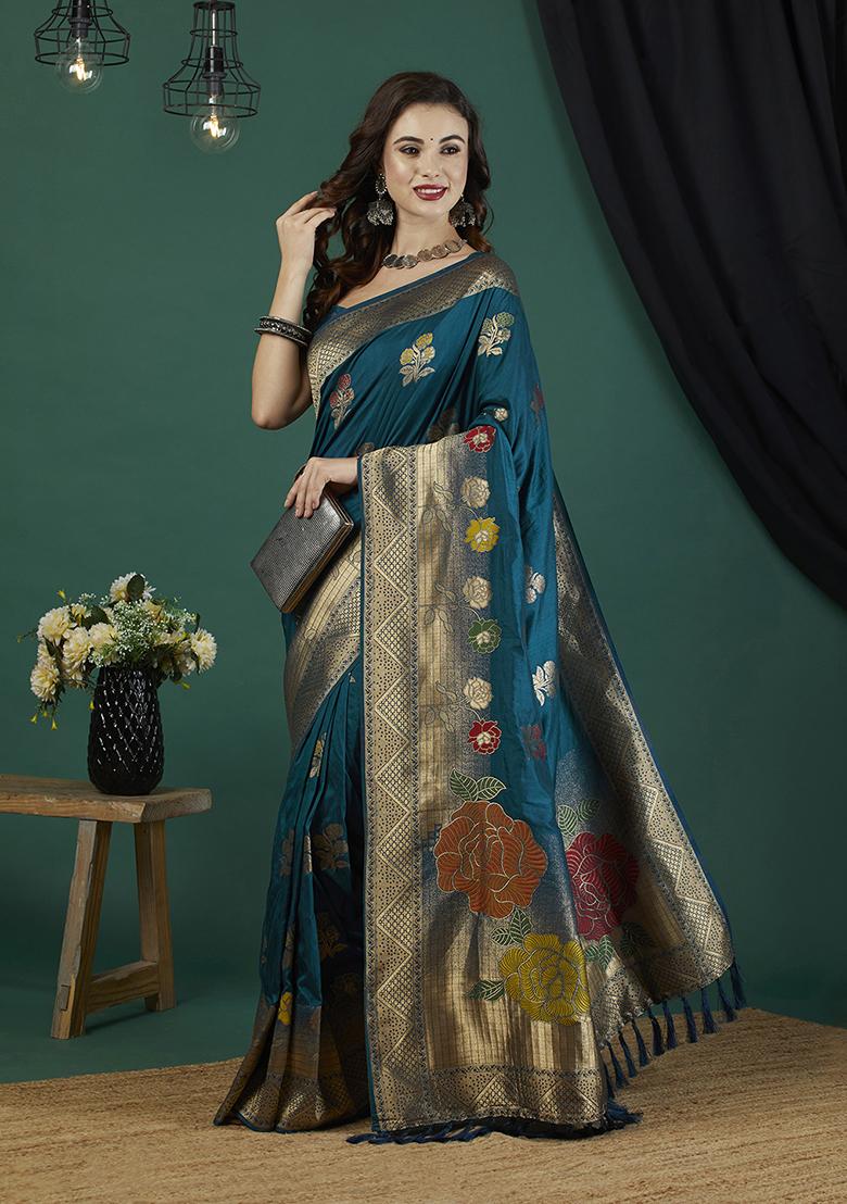 Petroleum Blue  Floral Print Blended Silk Saree Set