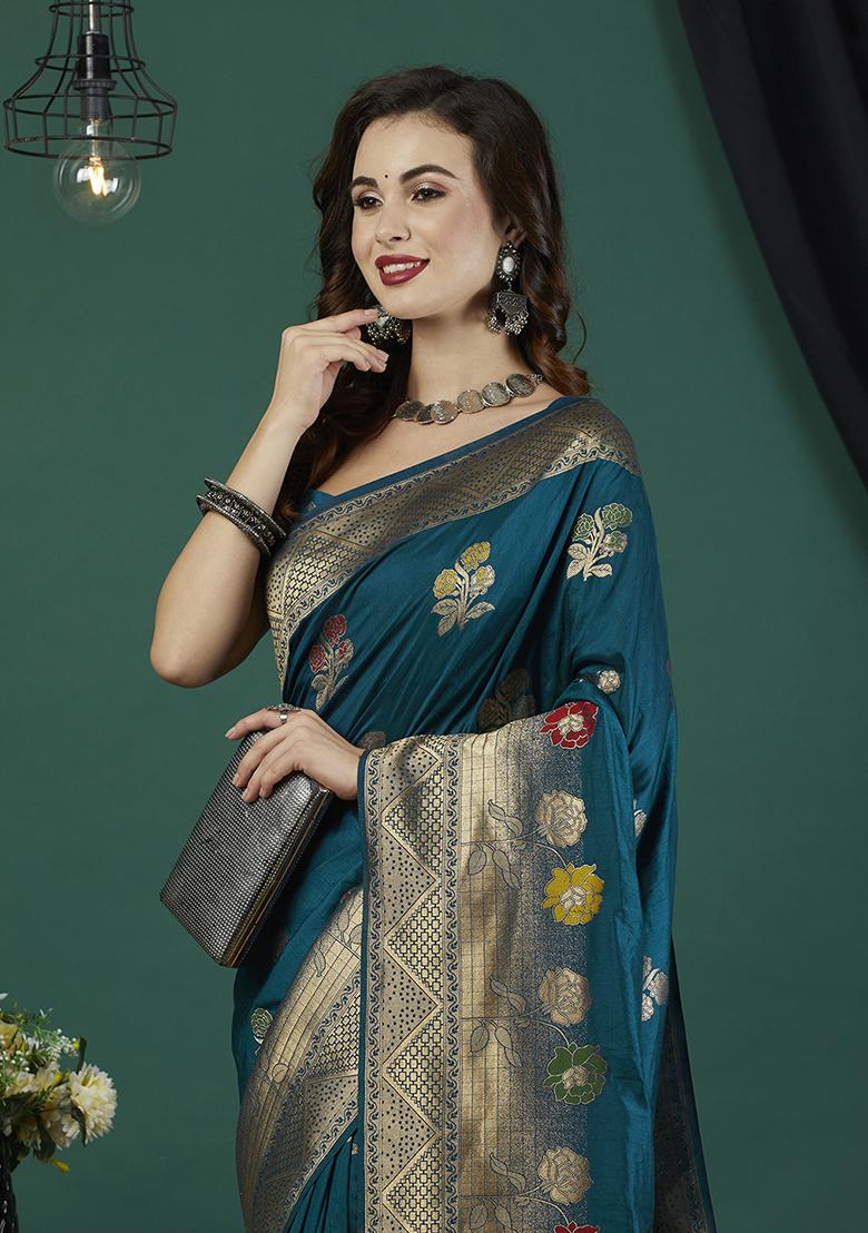Petroleum Blue  Floral Print Blended Silk Saree Set