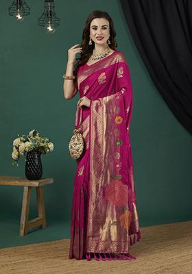 Rani Pink Floral Print Blended Silk Saree Set