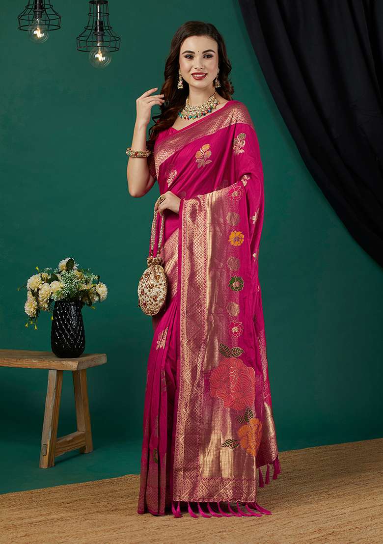 Rani Pink Floral Print Blended Silk Saree Set - Indya