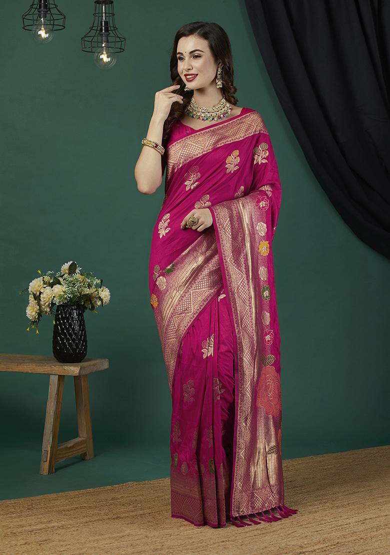 Rani Pink Floral Print Blended Silk Saree Set