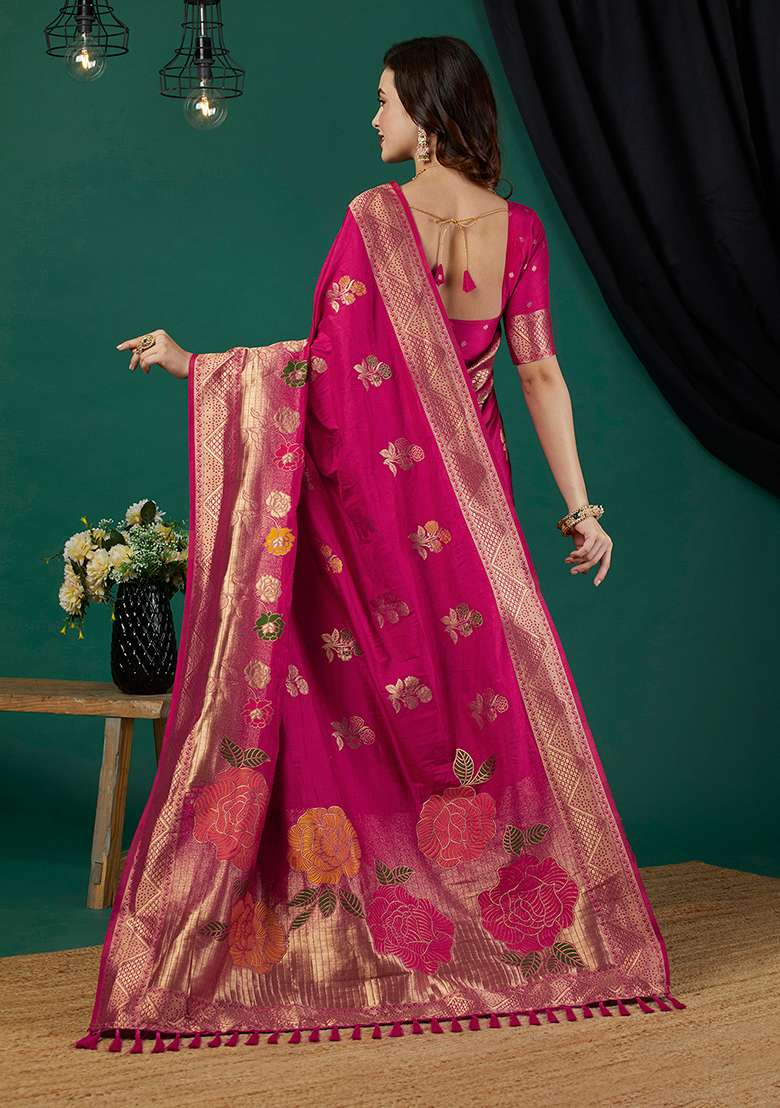 Rani Pink Floral Print Blended Silk Saree Set - Indya