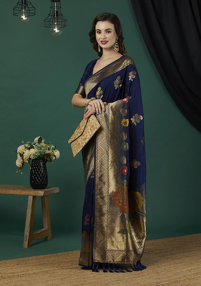 Royal Blue Floral Print Blended Silk Saree Set