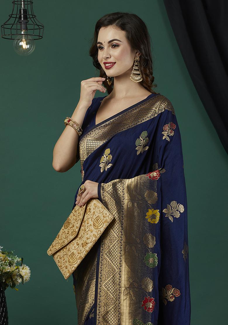 Royal Blue Floral Print Blended Silk Saree Set
