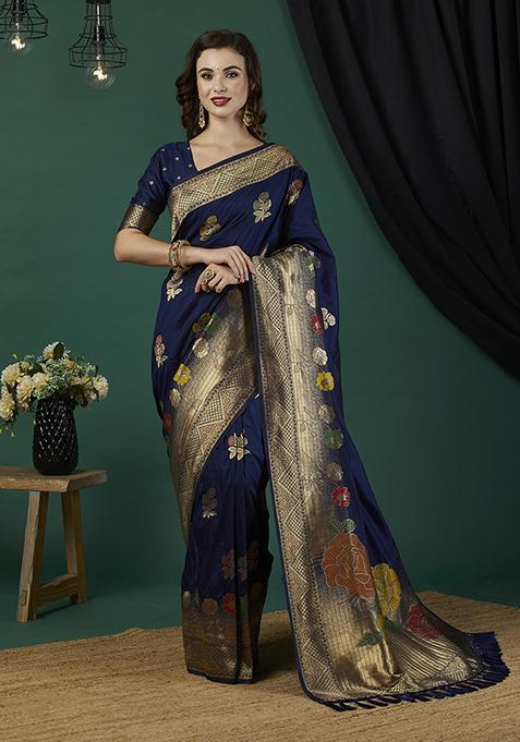 Royal Blue Floral Print Blended Silk Saree Set