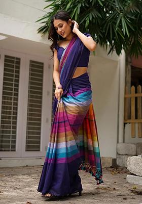 Multicolour Printed Linen Saree Set