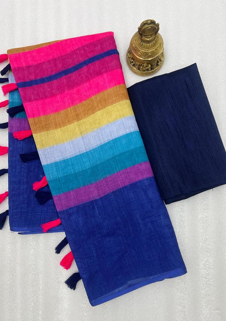 Multicolour Printed Linen Saree Set