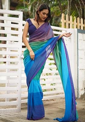 Multicolour Printed Linen Saree Set