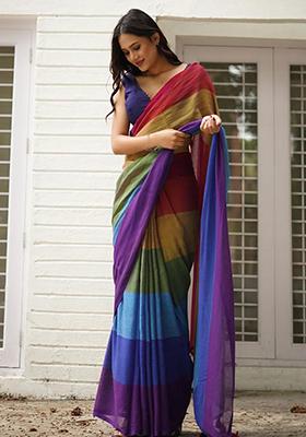 Multicolour Printed Linen Saree Set