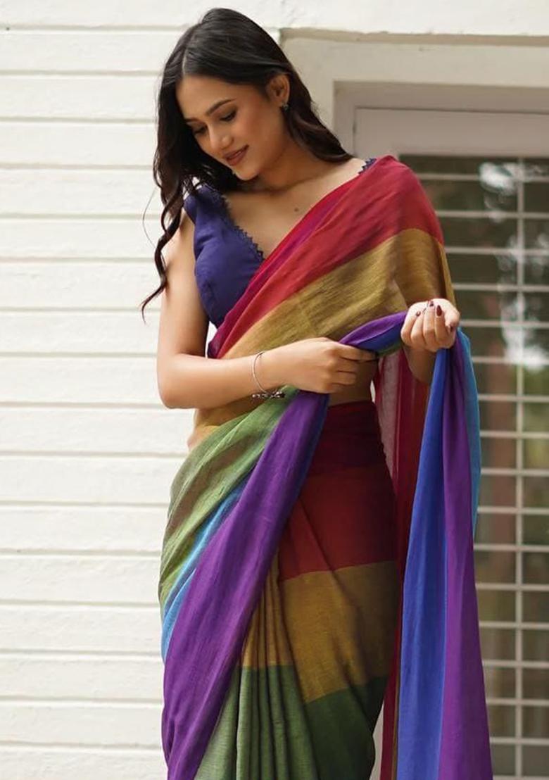 Multicolour Printed Linen Saree Set
