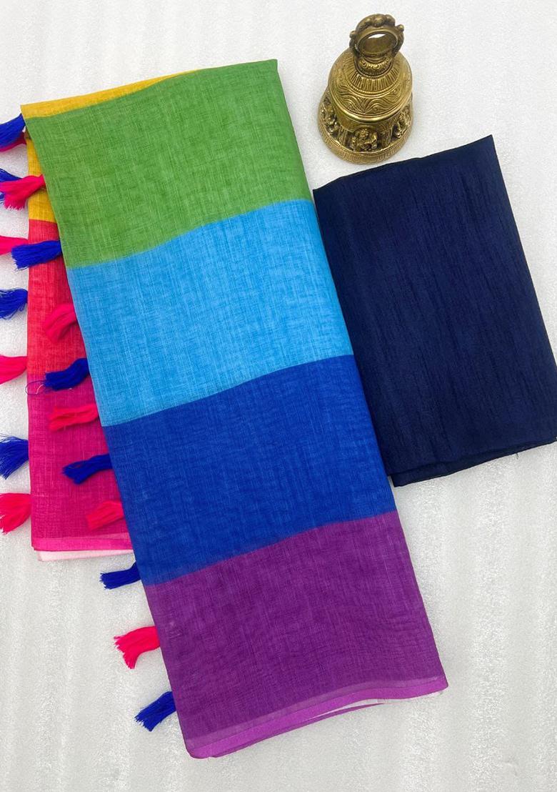 Multicolour Printed Linen Saree Set