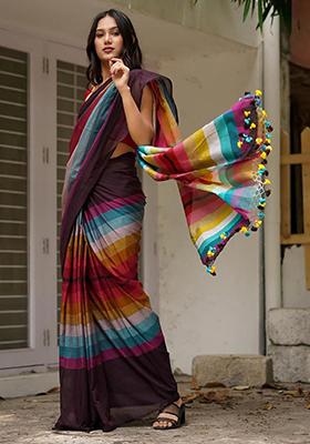 Multicolour Printed Linen Saree Set