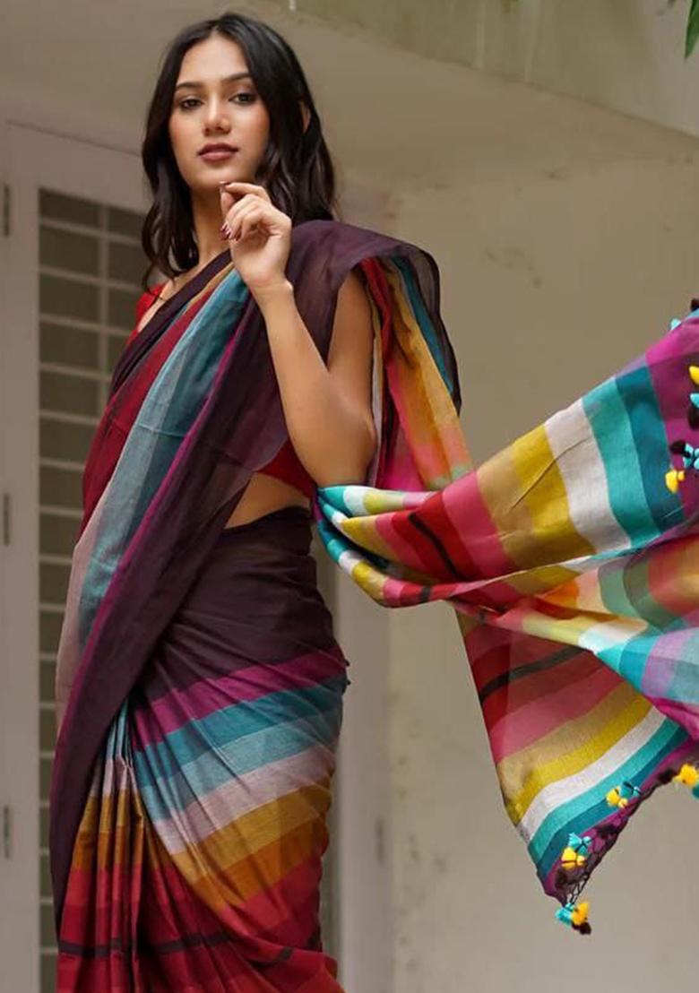 Multicolour Printed Linen Saree Set