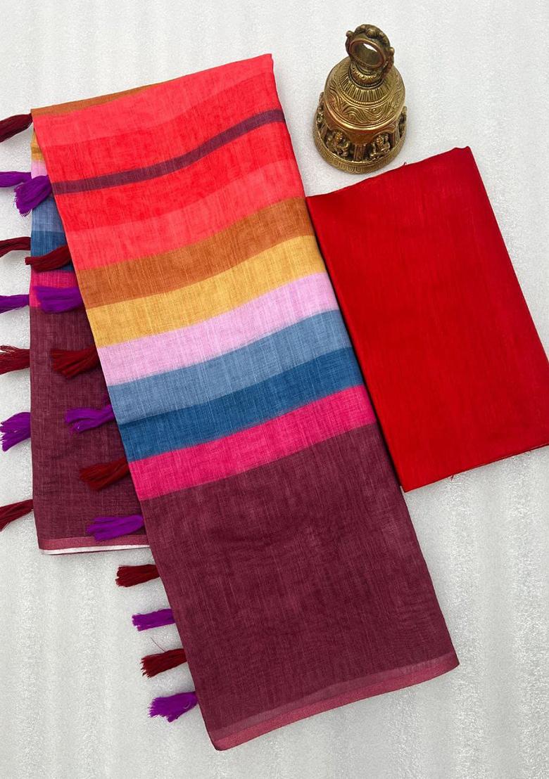 Multicolour Printed Linen Saree Set