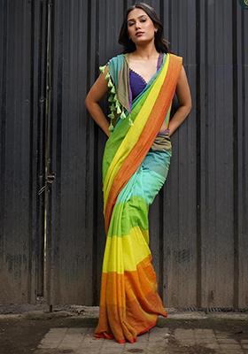 Multicolour Printed Linen Saree Set