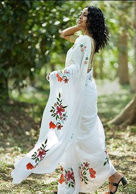 White Printed Linen Saree Set