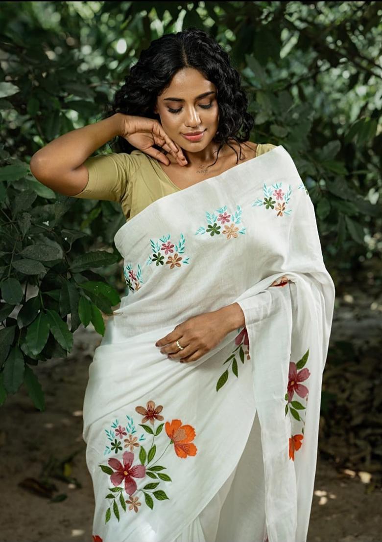 White Printed Linen Saree Set