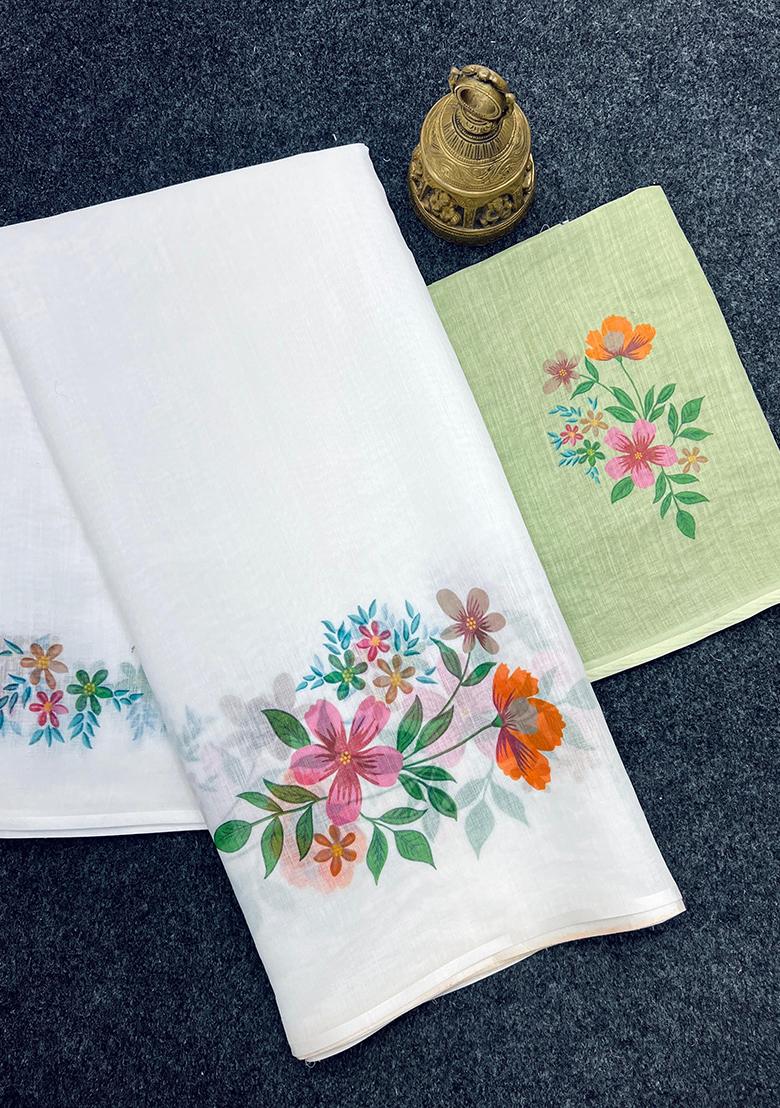 White Printed Linen Saree Set