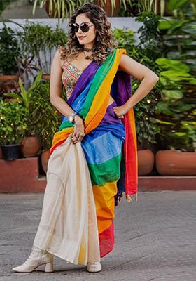 Multicolour Printed Linen Saree Set