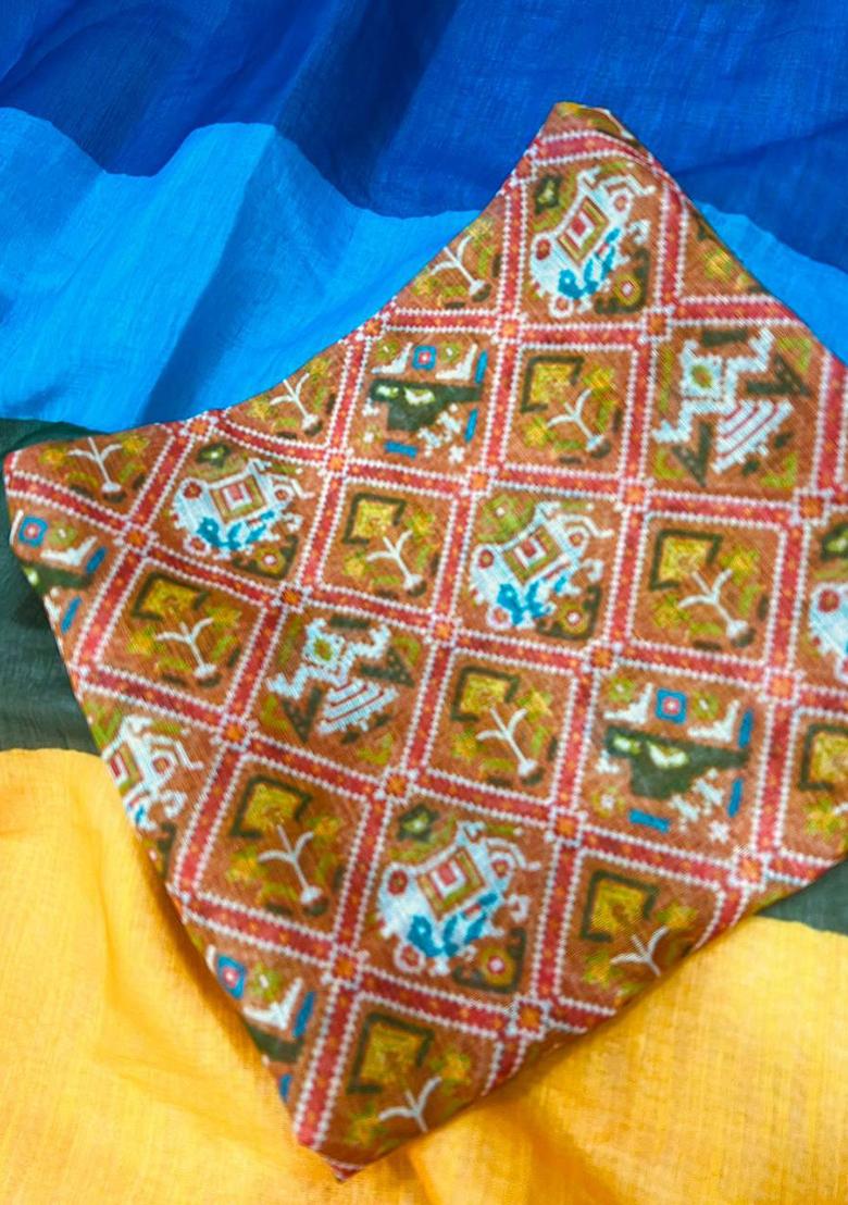 Multicolour Printed Linen Saree Set