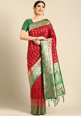 Red Printed Banarasi Silk Saree Set