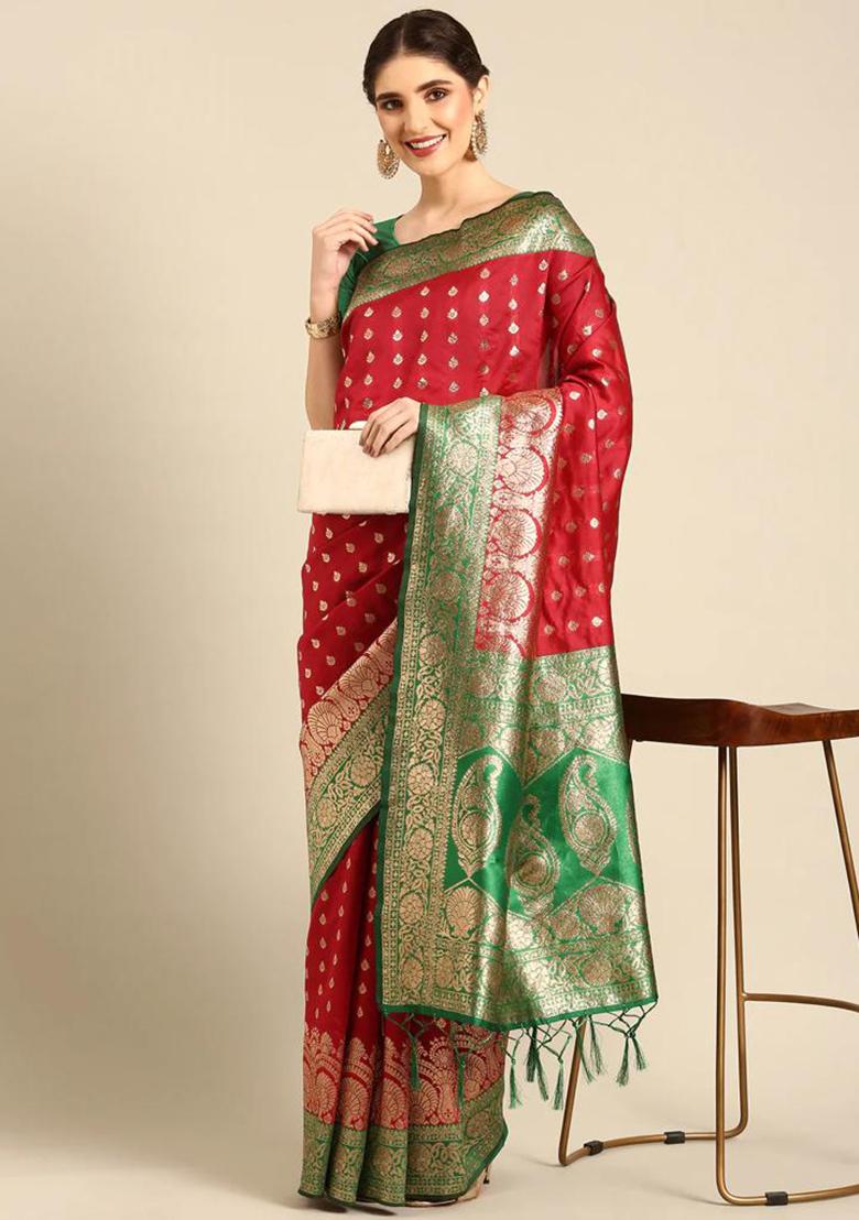 Red Printed Banarasi Silk Saree Set