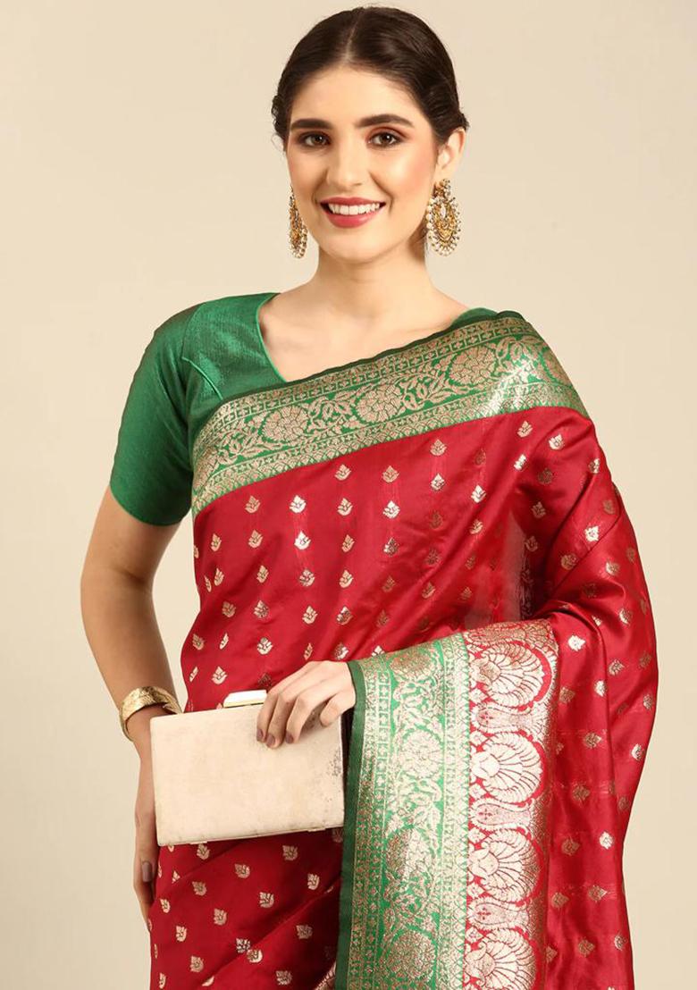 Red Printed Banarasi Silk Saree Set