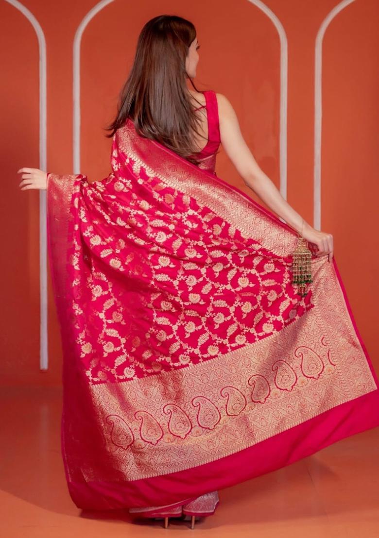Pink Printed Banarasi Silk Saree Set
