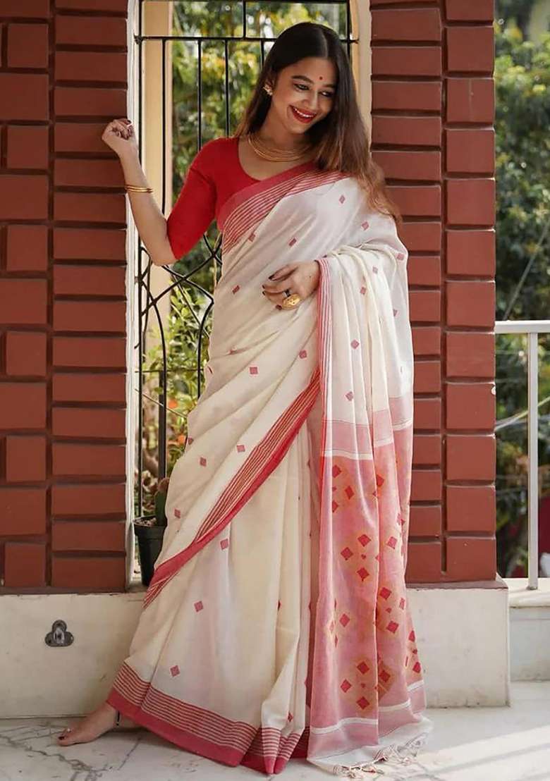 White Printed Linen Saree Set for Diwali and Festive Wear - Indya