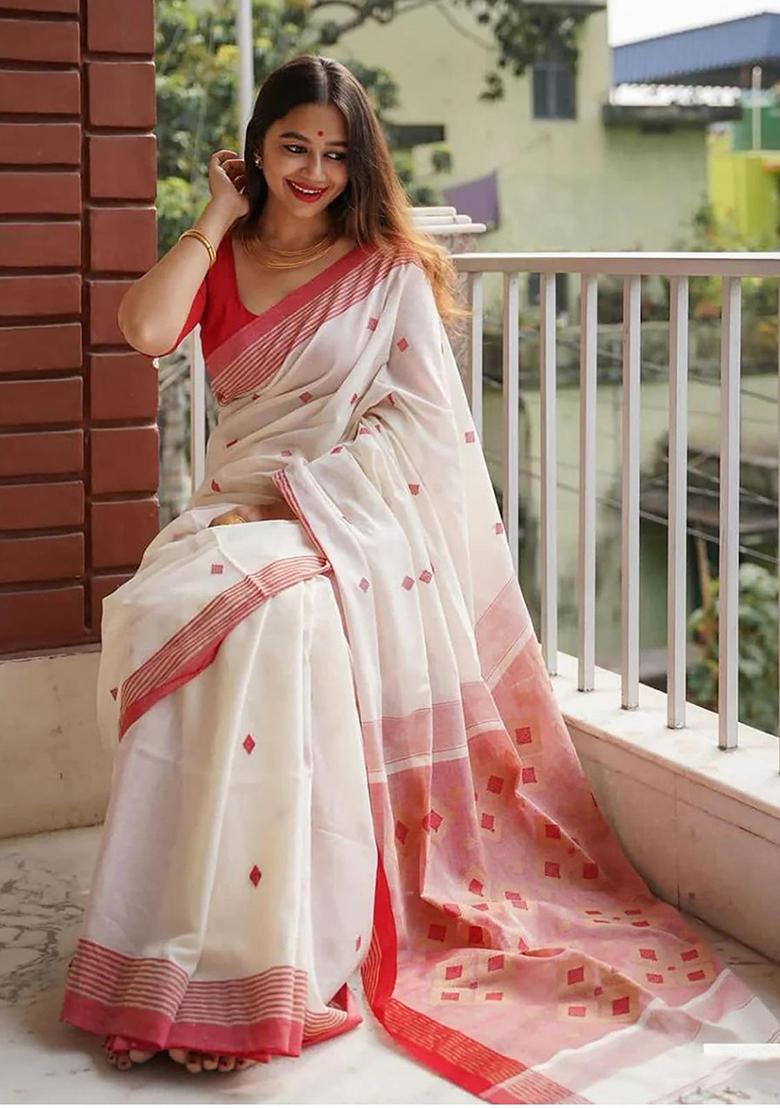 White Printed Linen Saree Set
