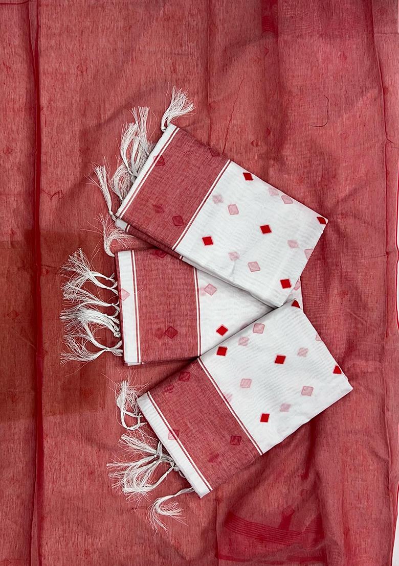 White Printed Linen Saree Set