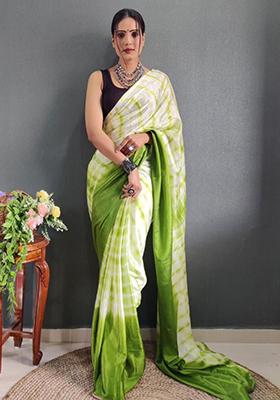 Green Printed Chinon Saree Set