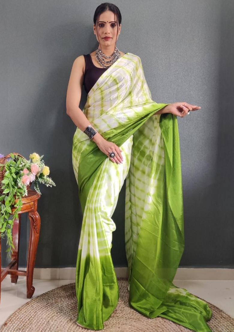 Green Printed Chinon Saree Set