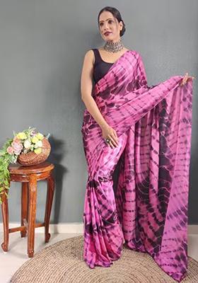 Pink Printed Chinon Saree Set