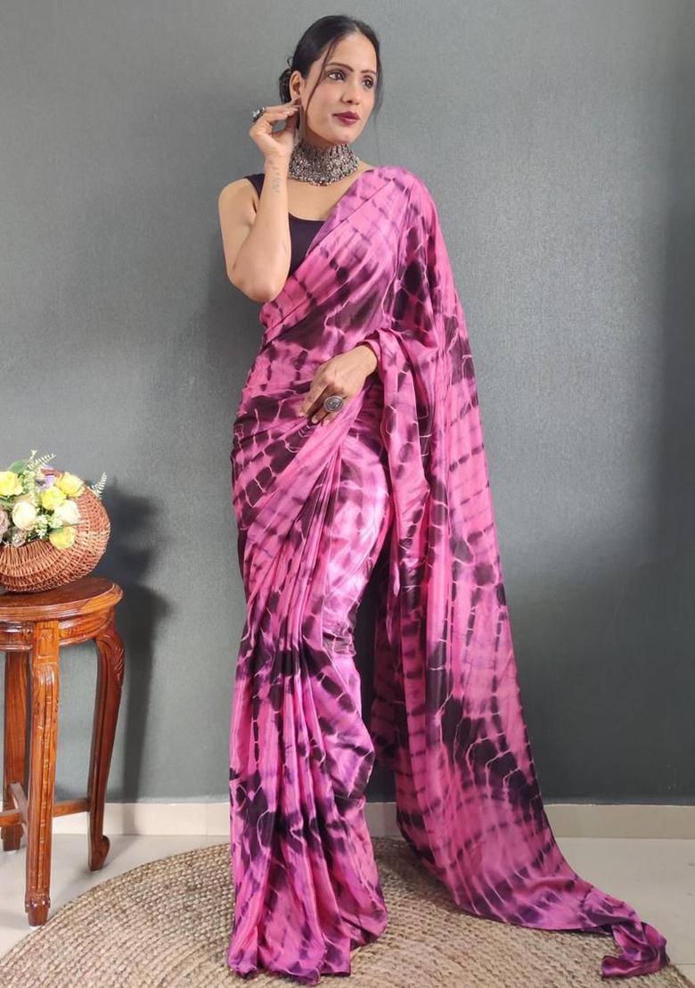 Pink Printed Chinon Saree Set