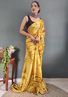 Yellow Printed Chinon Saree Set