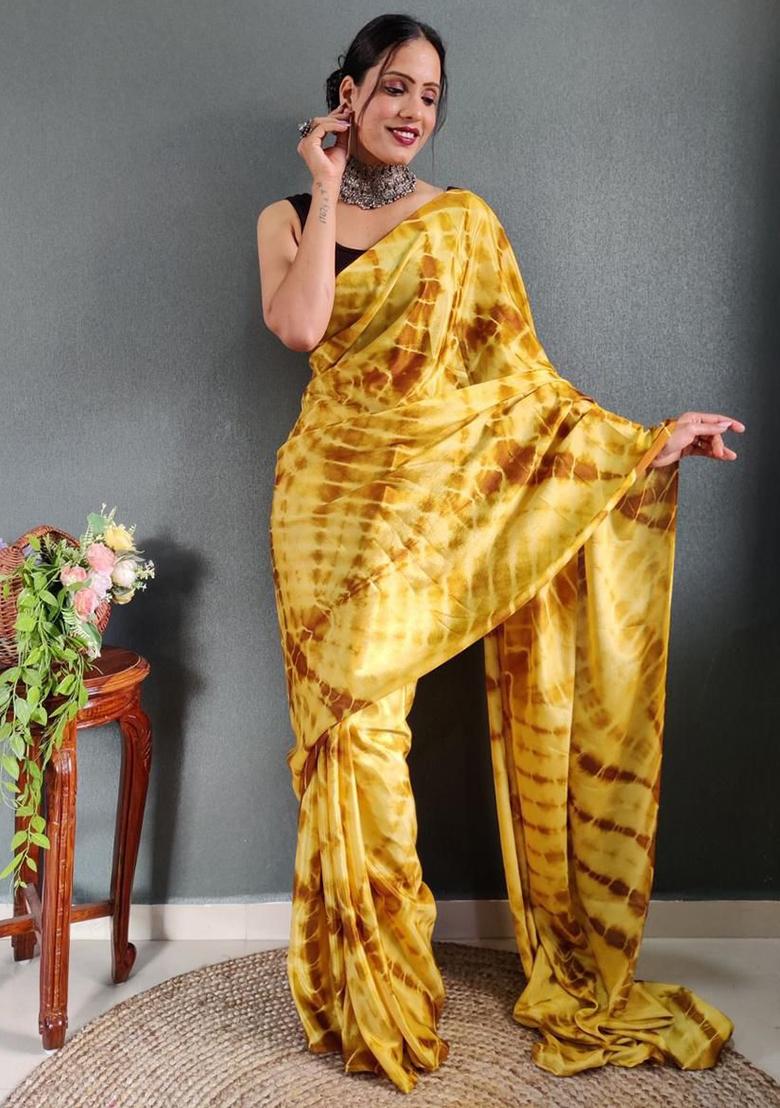 Yellow Printed Chinon Saree Set