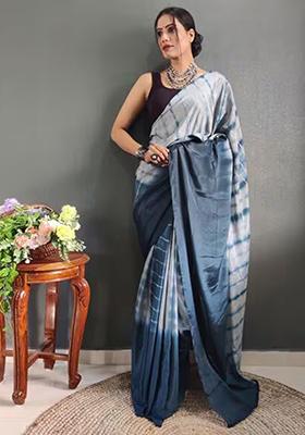 Grey Printed Chinon Saree Set